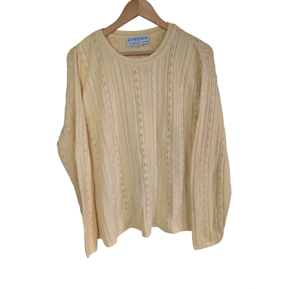 Vintage Forever Creative Cotton Pointelle Knit Sweater Womens M Yellow Cable